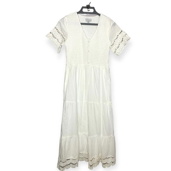 One Loved Babe boutique brand Shall We Dance smocked short sleeves maxi dress M - Picture 3 of 9